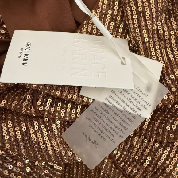 Grace Karin Sequin Top Women Medium Brown Glitter V-Neck 3/4 Sleeve Party Blouse - Picture 8 of 12